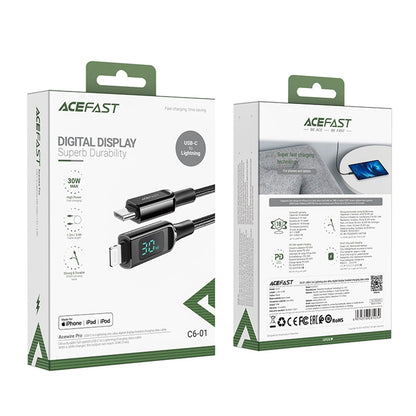 USB-C - Lightning Data- og Ladekabel Acefast C6-01 Display, 20W, 1.2m, Svart