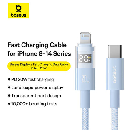 Data- og ladekabel USB-C - Lightning Baseus Display 2, 20W, 2m, Blå P10382703311-01