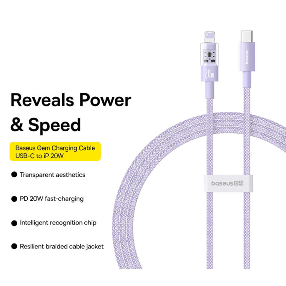 USB-C - Lightning Baseus Gem data- og ladekabel, 20W, 1m, Lilla P10373001511-00