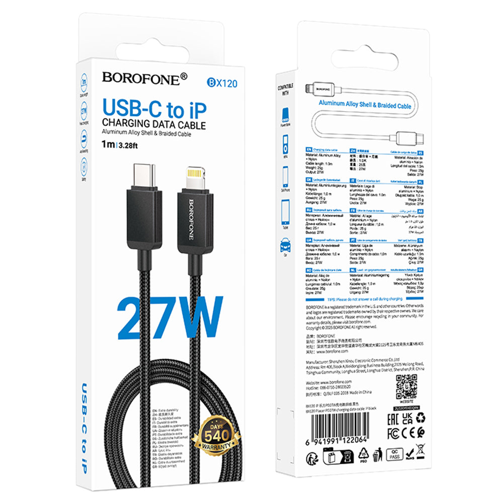 Data- og ladekabel USB-C - Lightning Borofone BX120 Placer, 27W, 1m, Svart