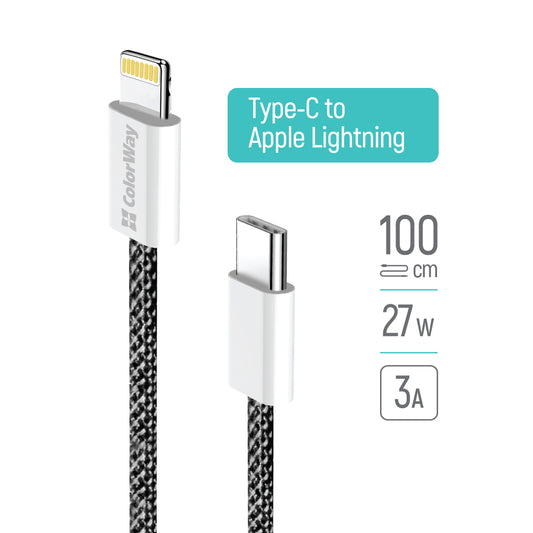 USB-C - Lightning Data- og Ladekabel ColorWay CW-CBPDCL061, 27W, 1m, Svart