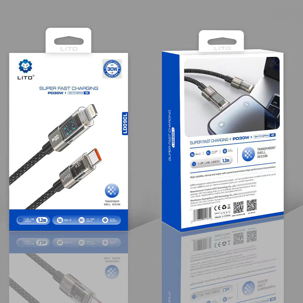 USB-C - Lightning Lito LD09CL Display data- og ladekabel, 36W, 1.2m, Svart