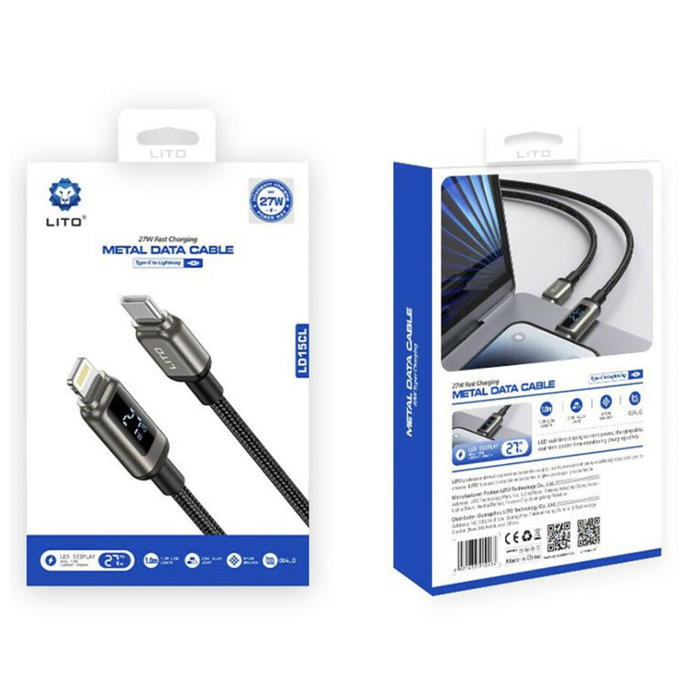 Data- og ladekabel USB-C - Lightning Lito LD15 Display, 27W, 1m, Svart