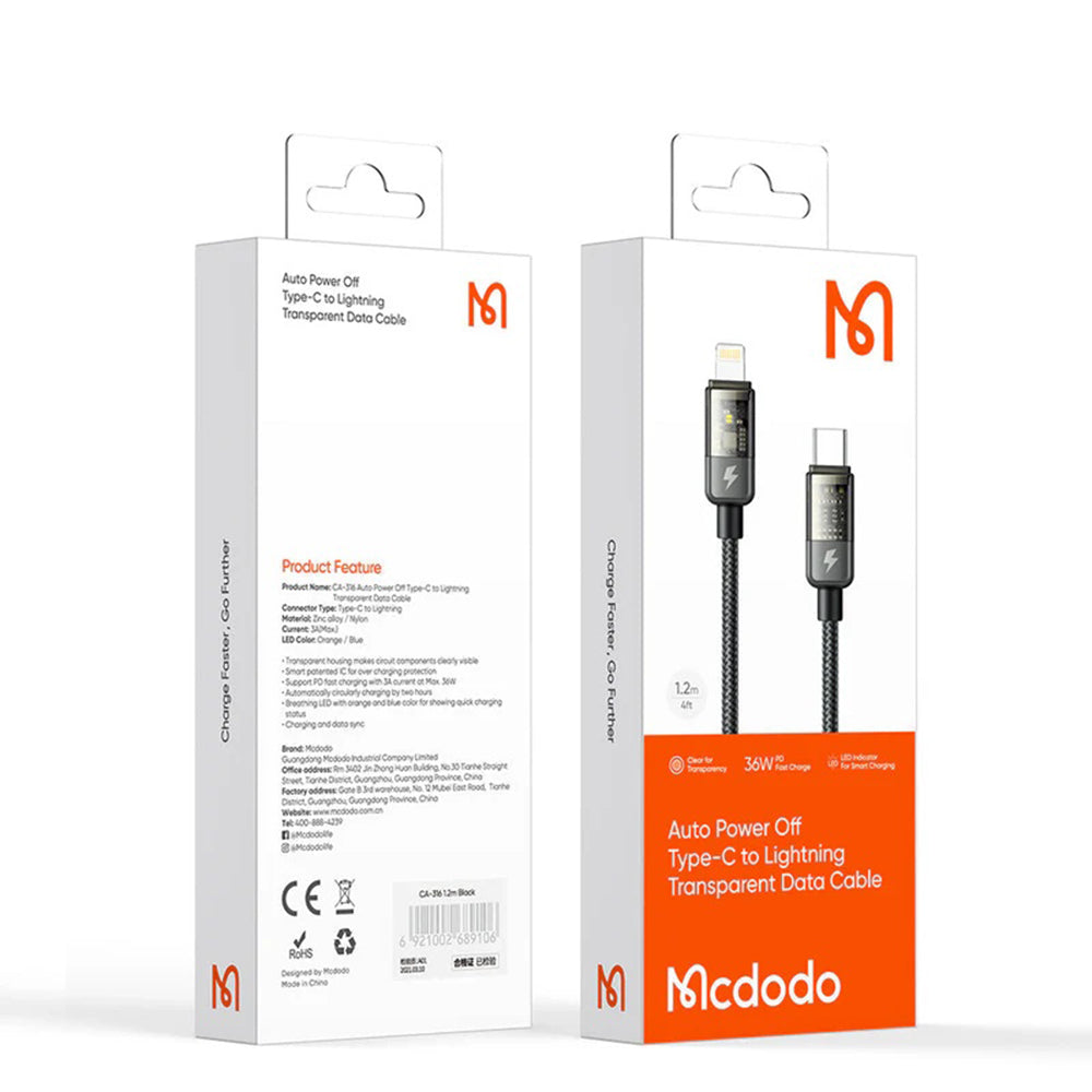 Data- og ladekabel USB-C - Lightning McDodo CA-3160 Auto Power Off, 36W, 1.2m, Svart