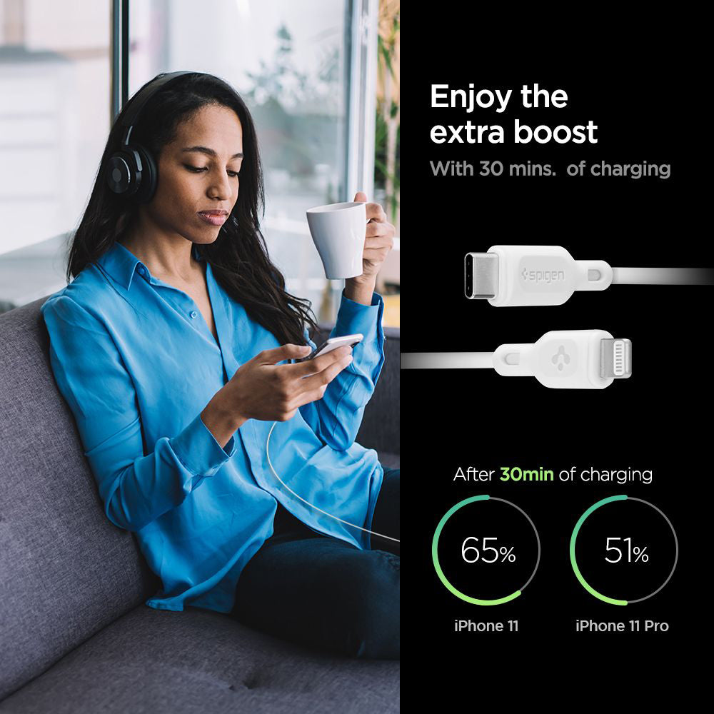 Data- og ladekabel USB-C - Lightning Spigen Durasync, 20W, 1m, Hvit, Sett med 2 stk