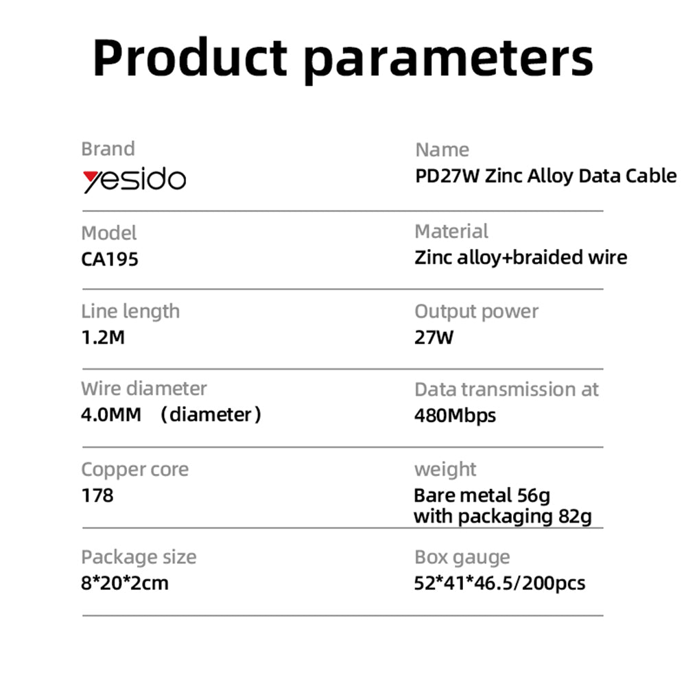 USB-C - Lightning lade- og datakabel Yesido CA195, 27W, 1.2m, Svart