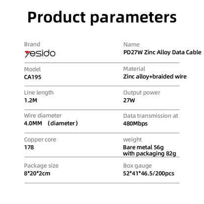 USB-C - Lightning lade- og datakabel Yesido CA195, 27W, 1.2m, Svart