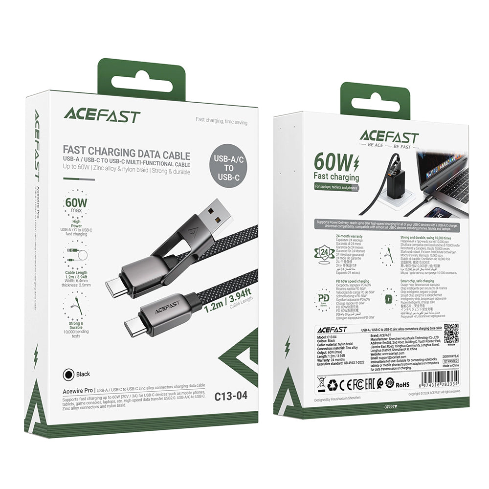 USB-C data- og ladekabel - USB-A / USB-C Acefast C13-04, 60W, 1.2m, Svart