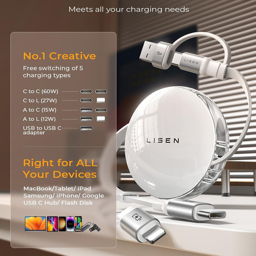 USB-C / USB-A data- og ladekabel - USB-C / Lightning Lisen, 60W, 1m, hvit YL0123030001