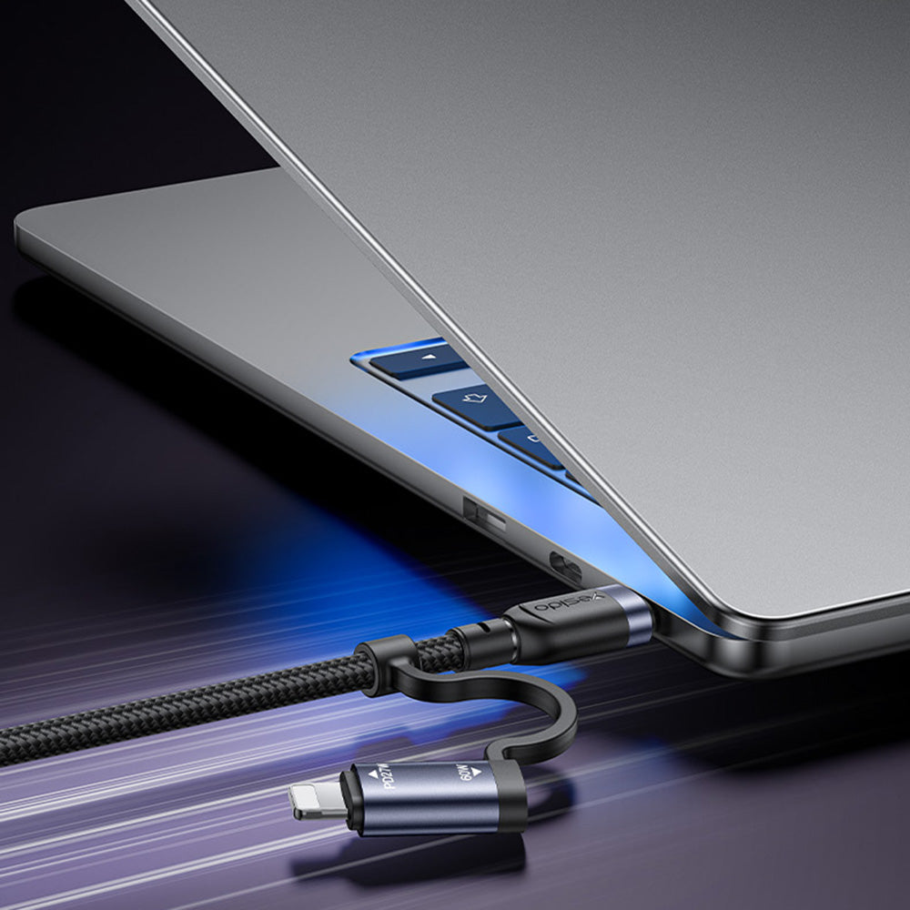 USB-C / USB-A data- og ladekabel - USB-C / Lightning Yesido CA200, 60W, 1,2m, svart