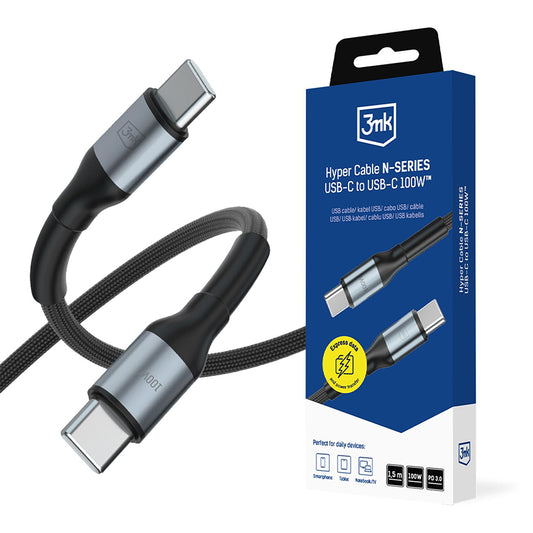 USB-C Data- og ladekabel - USB-C 3MK Hyper N, 100W, 1,5m, svart