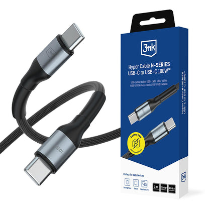 USB-C Data- og ladekabel - USB-C 3MK Hyper N, 100W, 3m, Svart