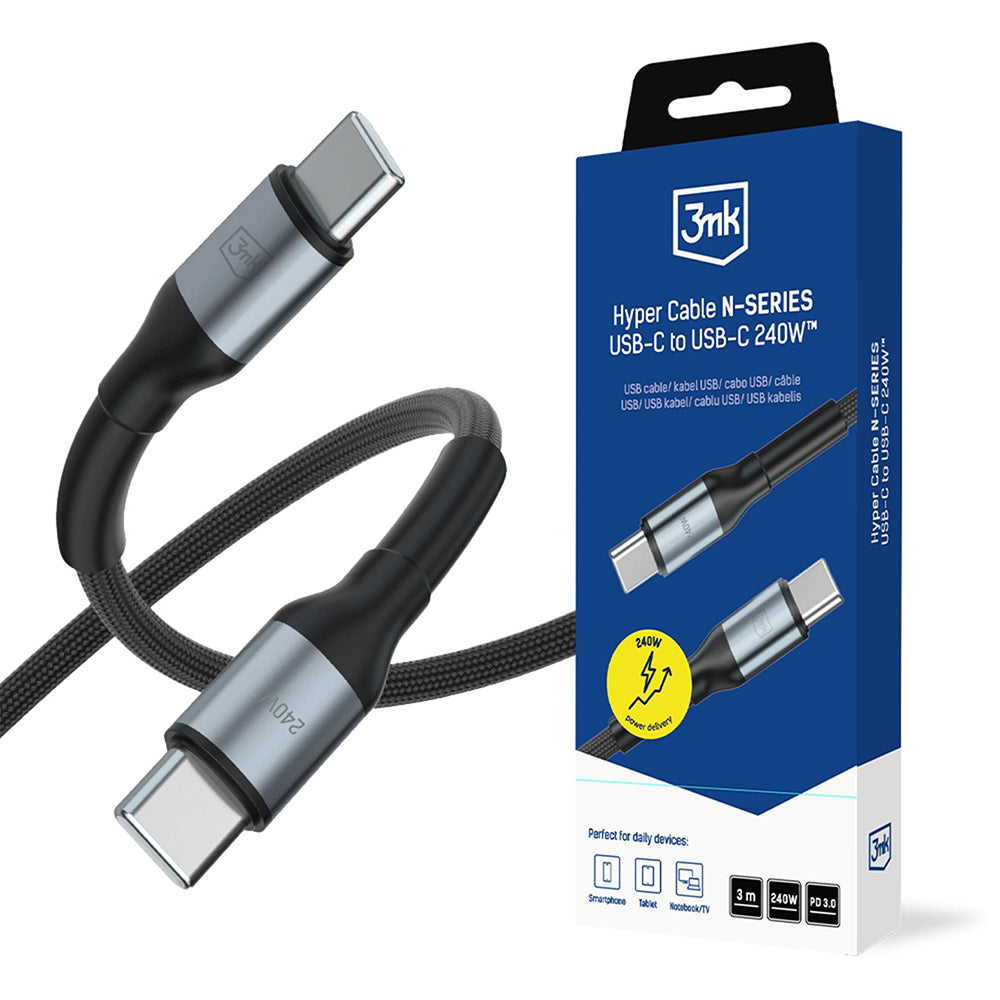 USB-C Data- og ladekabel - USB-C 3MK Hyper N Thunderbolt 4, 240W, 3m, Svart