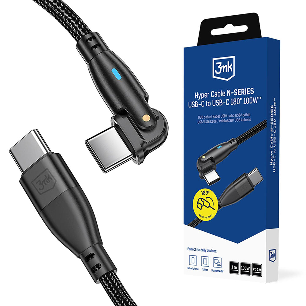 USB-C Data- og ladekabel - USB-C 3MK Hyper N Vinklet, 100W, 1m, Svart