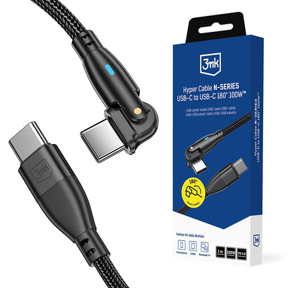 USB-C Data- og ladekabel - USB-C 3MK Hyper N Vinklet, 100W, 1m, Svart