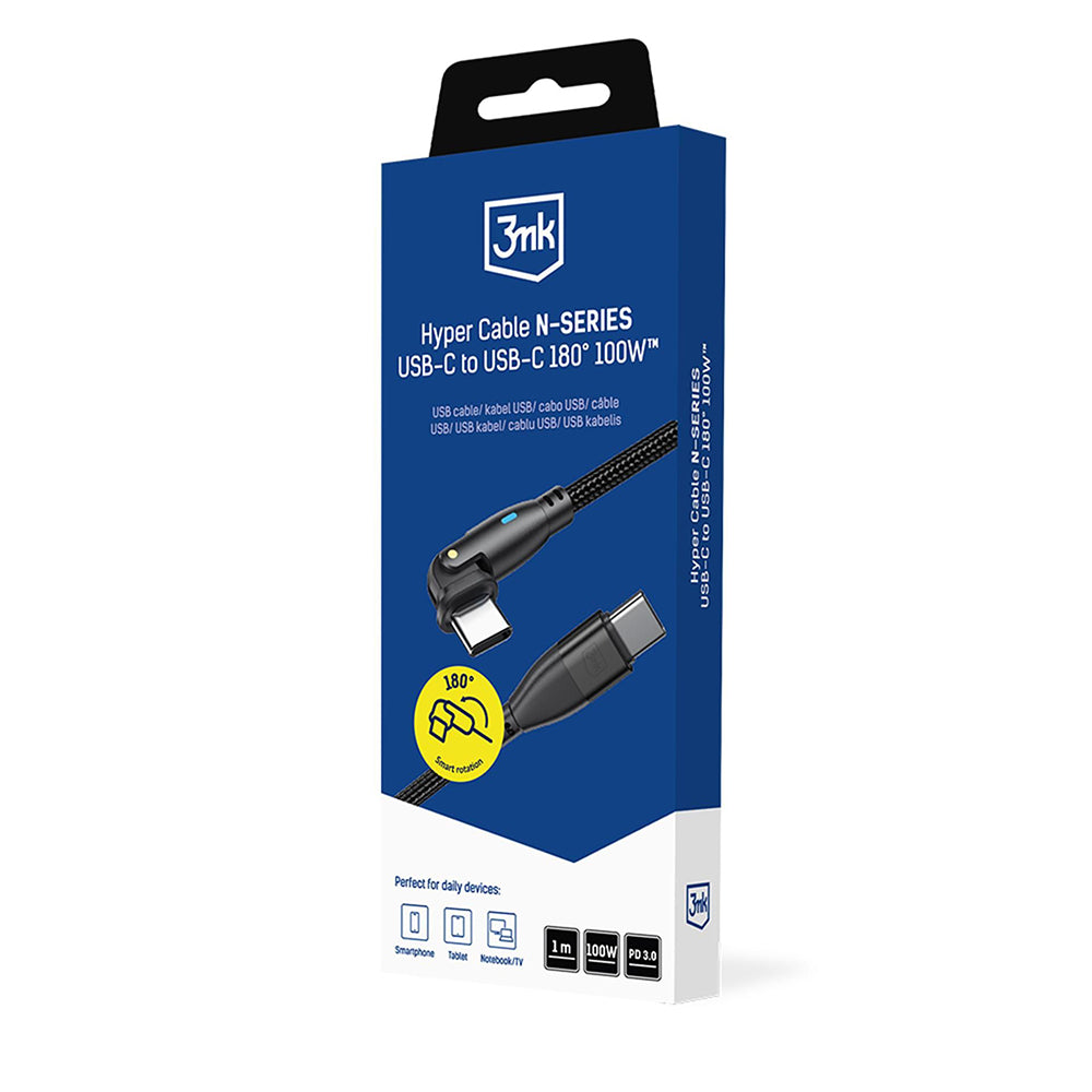 USB-C Data- og ladekabel - USB-C 3MK Hyper N Vinklet, 100W, 1m, Svart