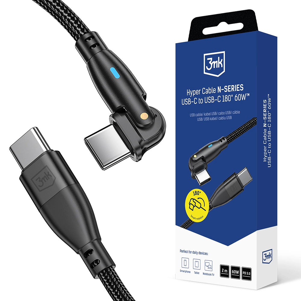 USB-C Data- og Ladekabel - USB-C 3MK Hyper N Angled, 60W, 2m, Svart
