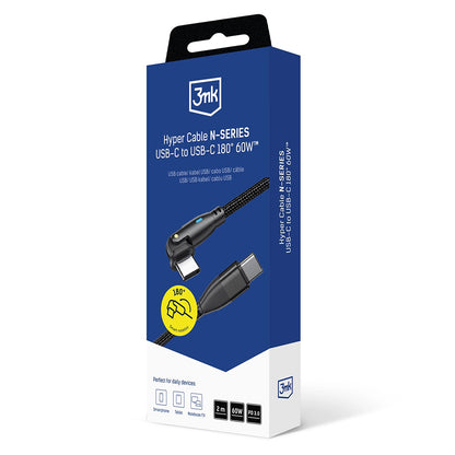 USB-C Data- og Ladekabel - USB-C 3MK Hyper N Angled, 60W, 2m, Svart