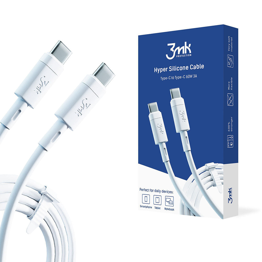 USB-C Data- og ladekabel - USB-C 3MK Hyper Silicone, 60W, 1m, Hvit