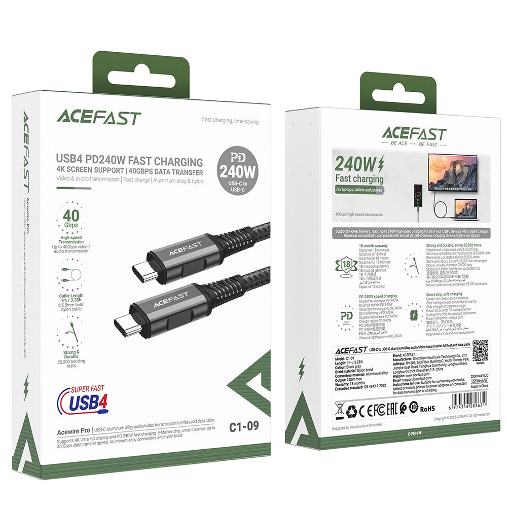 USB-C data- og ladekabel - USB-C Acefast C1-09, 240W, 1m, Grå