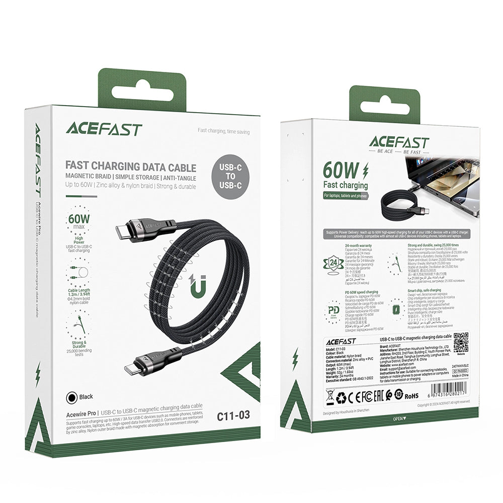 USB-C data- og ladekabel - USB-C Acefast C11-03, 60W, 1.2m, Svart