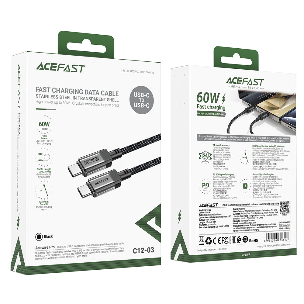 Data- og ladekabel USB-C - USB-C Acefast C12-03, 60W, 1.2m, Svart