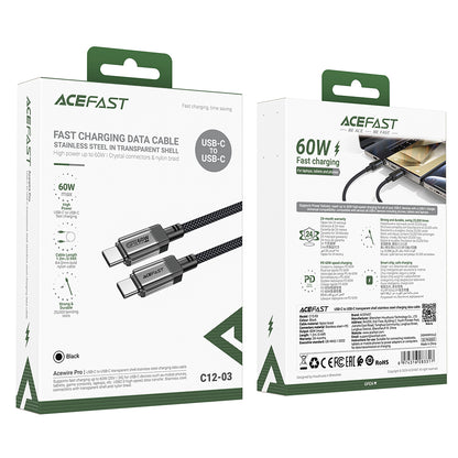 Data- og ladekabel USB-C - USB-C Acefast C12-03, 60W, 1.2m, Svart