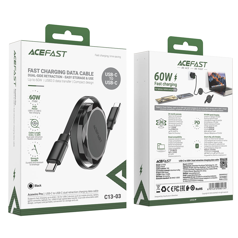 USB-C data- og ladekabel - USB-C Acefast C13-03, 60W, 0.8m, Svart