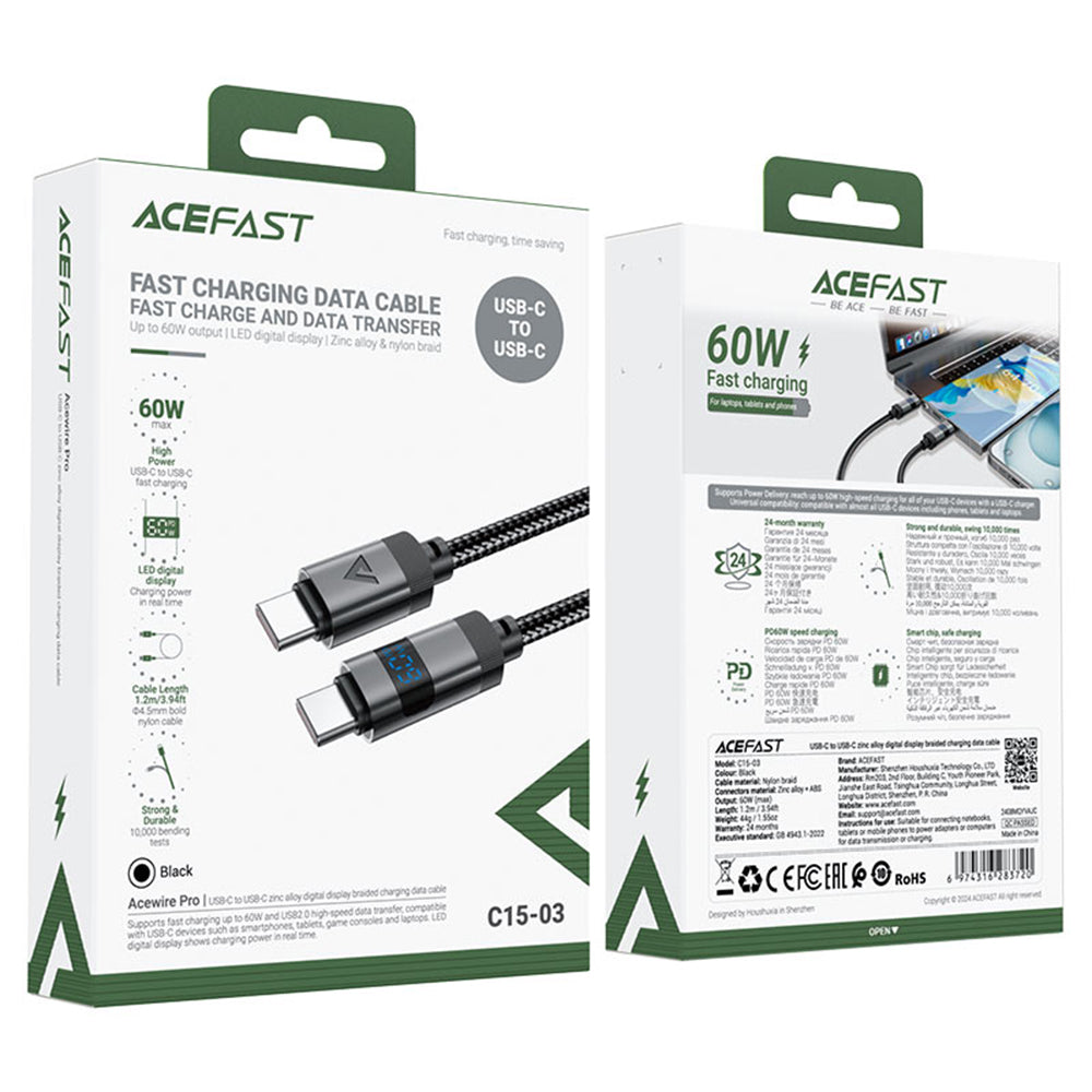 USB-C data- og ladekabel - USB-C Acefast C15-03 Display, 60W, 1.2m, Svart