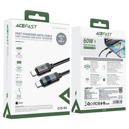 USB-C data- og ladekabel - USB-C Acefast C15-03 Display, 60W, 1.2m, Svart