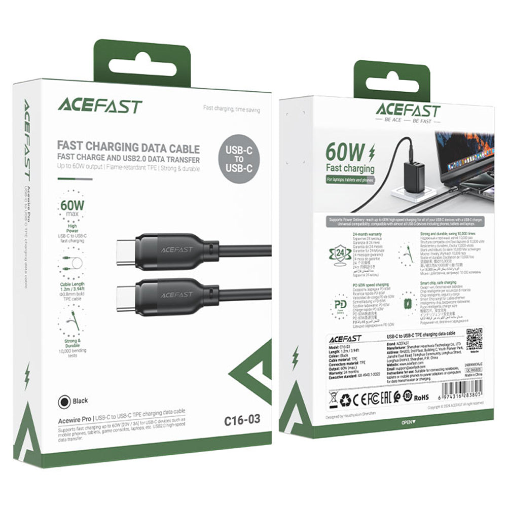 USB-C data- og ladekabel - USB-C Acefast C16-03, 60W, 1.2m, Svart