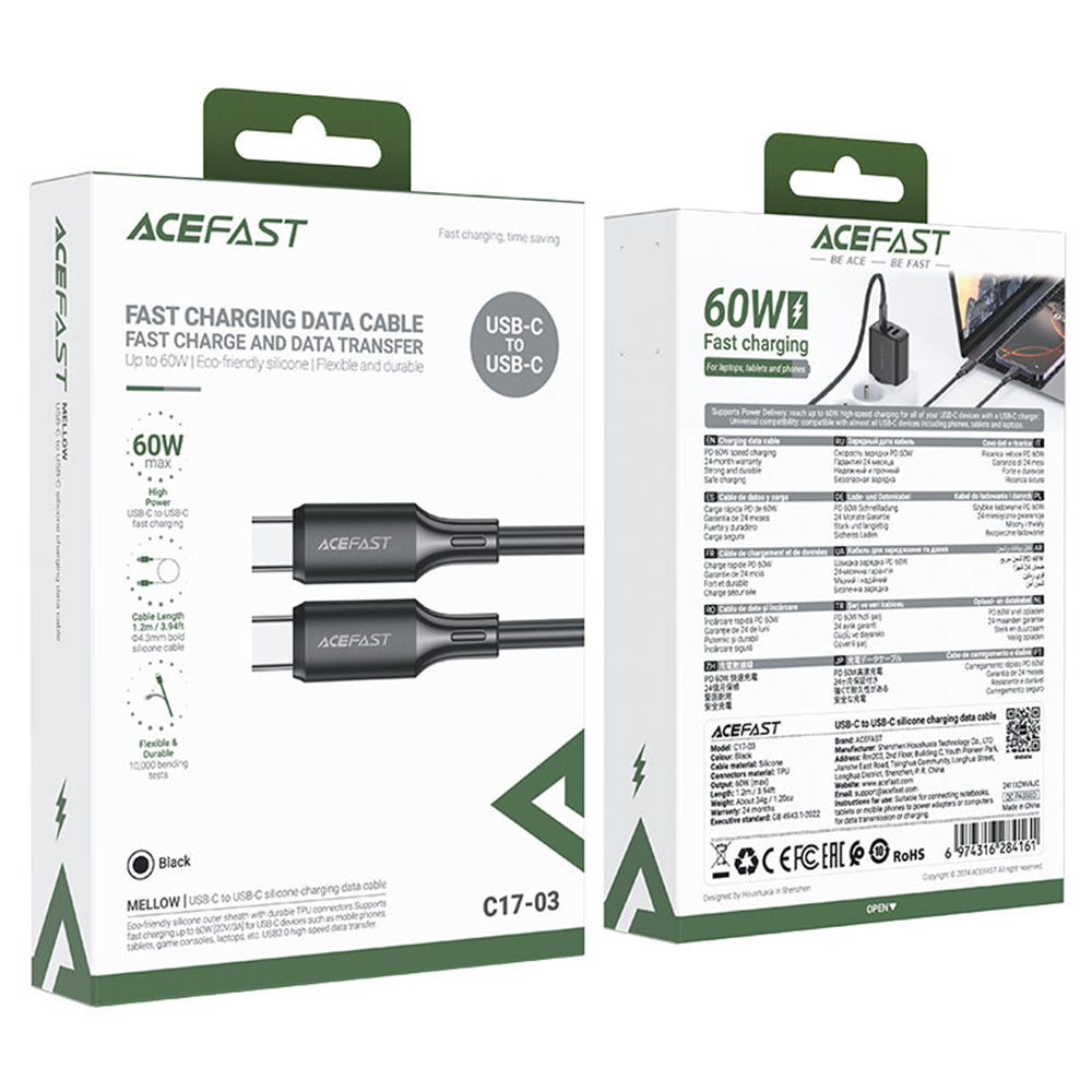 USB-C data- og ladekabel - USB-C Acefast C17-03, 60W, 1.2m, Svart