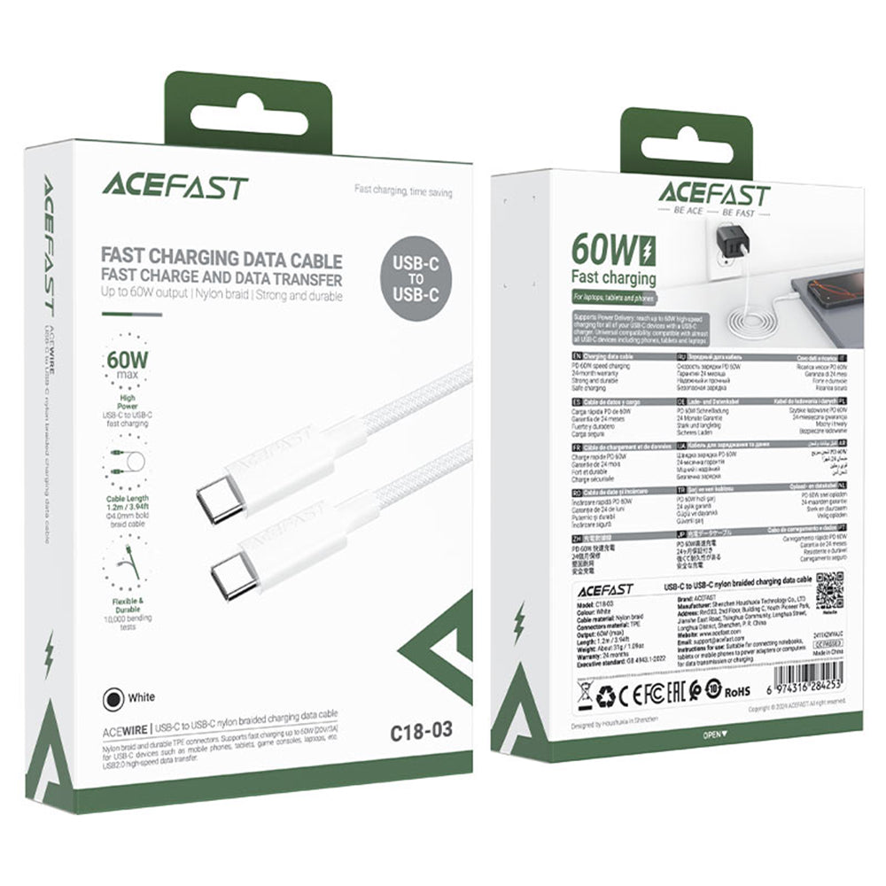 USB-C data- og ladekabel - USB-C Acefast C18-03, 60W, 1.2m, Hvit