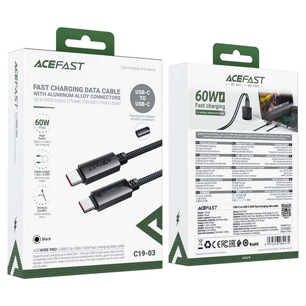 USB-C data- og ladekabel - USB-C Acefast C19-03, 60W, 1.2m, Svart