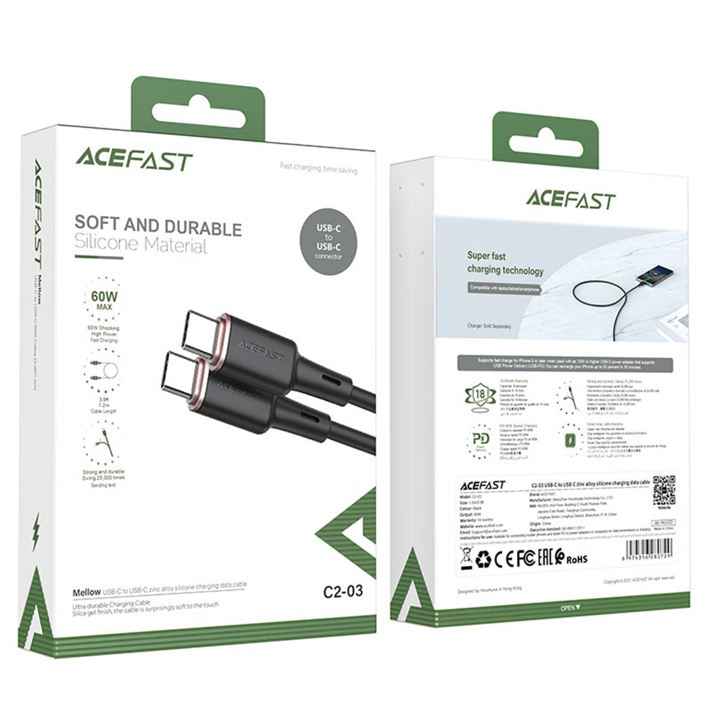 USB-C data- og ladekabel - USB-C Acefast C2-03, 60W, 1.2m, Svart