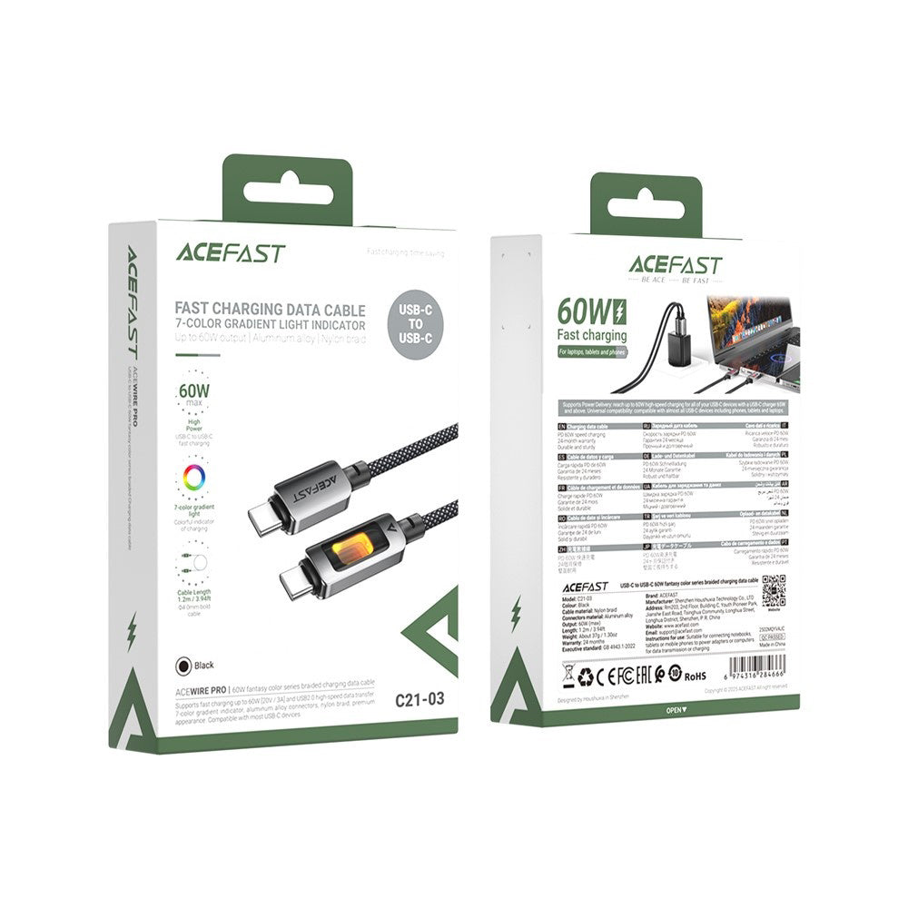 USB-C data- og ladekabel - USB-C Acefast C21-03, 60W, 1.2m, Svart