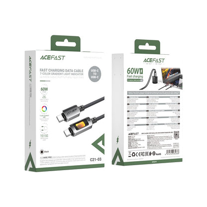 USB-C data- og ladekabel - USB-C Acefast C21-03, 60W, 1.2m, Svart
