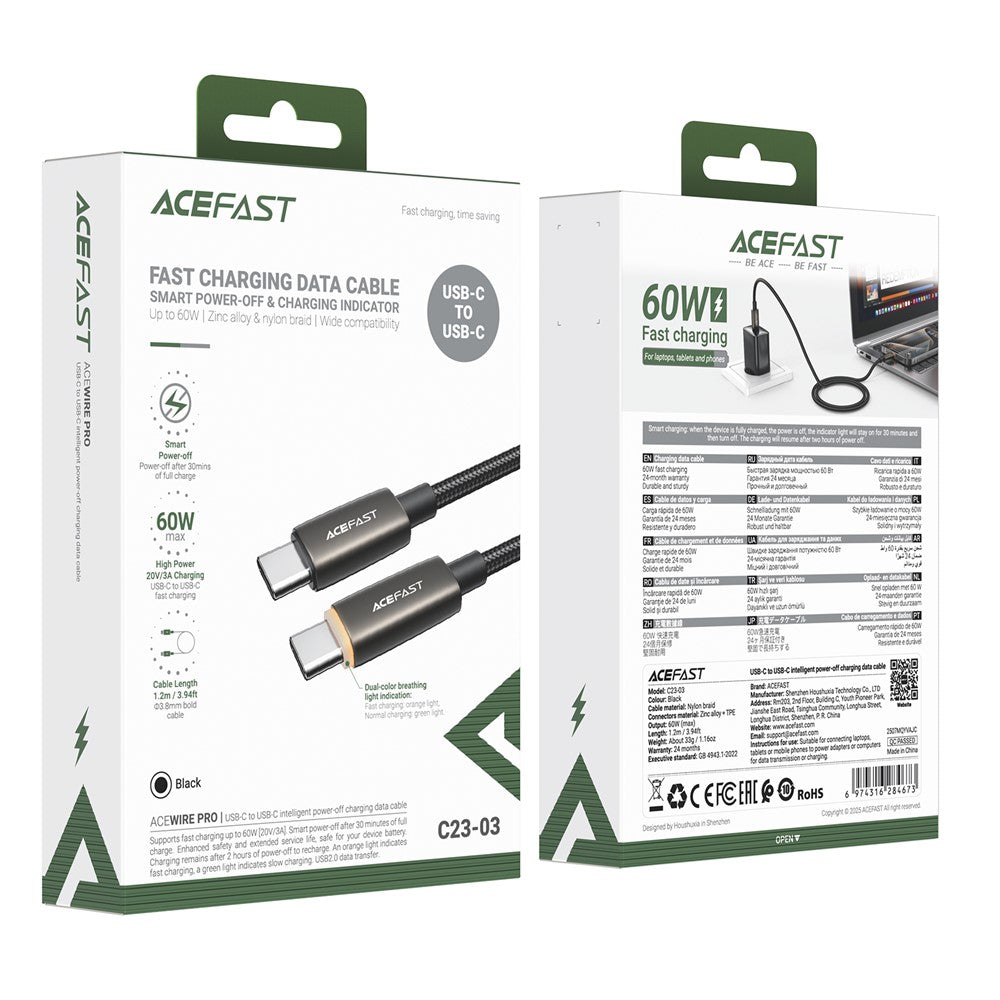 USB-C data- og ladekabel - USB-C Acefast C23-03, 60W, 1.2m, Svart