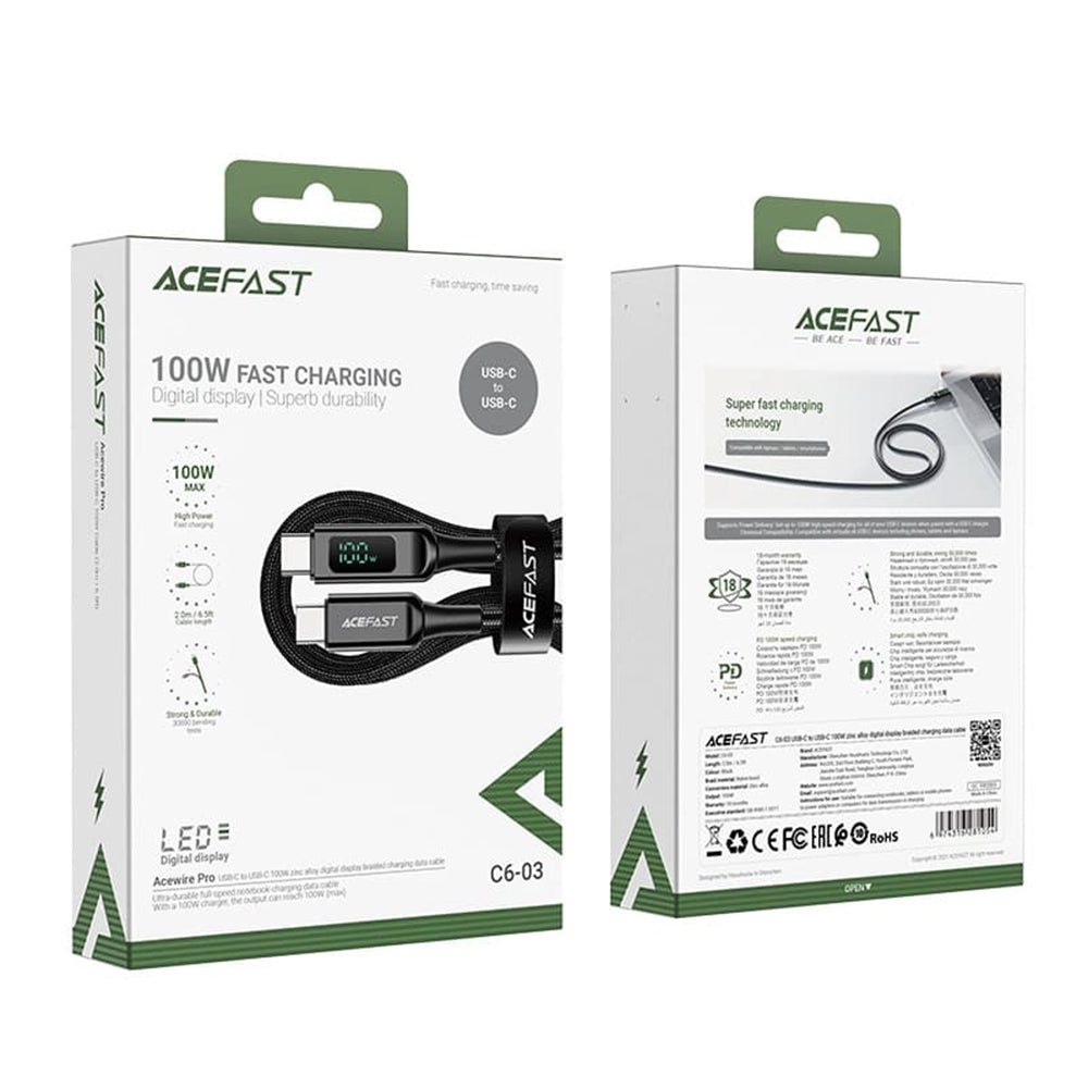 USB-C til USB-C data- og ladekabel Acefast C6-03 Display, 100W, 2m, Svart