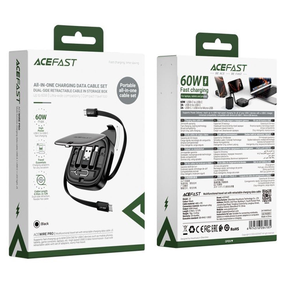 USB-C til USB-C data- og ladekabel Acefast Travel J3, 60W, 0.95m, Svart