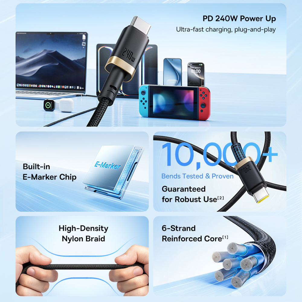 USB-C data- og ladekabel - USB-C Baseus Dura, 240W, 1m, Gull Svart P10377803U03-00