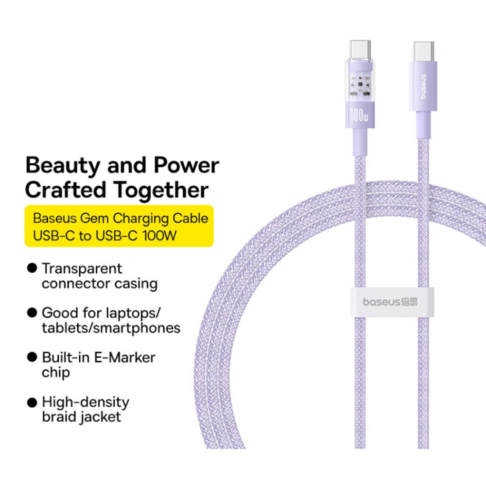 USB-C - USB-C Baseus Gem data- og ladekabel, 100W, 1m, Lilla P10373000511-00