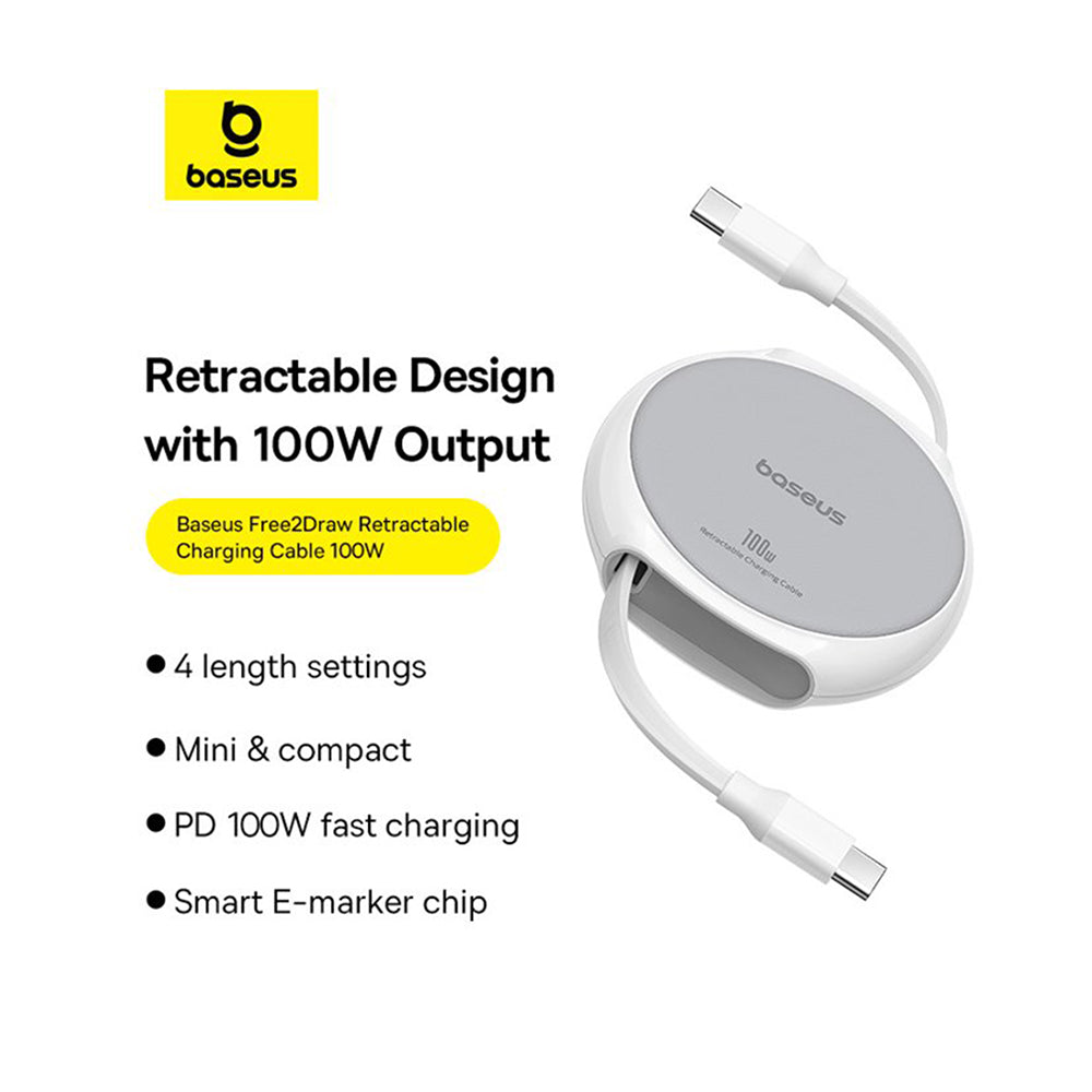 USB-C Data- og Ladekabel - USB-C Baseus Pathfinder Retractable, 100W, 1m, Hvit P10368400211-00