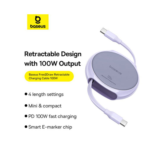 USB-C til USB-C Baseus Pathfinder Retractable Data- og Ladekabel, 100W, 1m, Lilla P10368400511-00