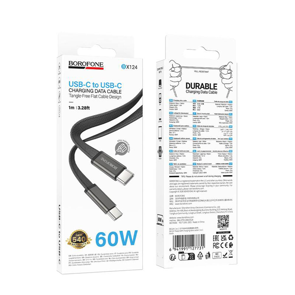 USB-C Data- og ladekabel - USB-C Borofone BX124 Peace, 60W, 1m, Svart