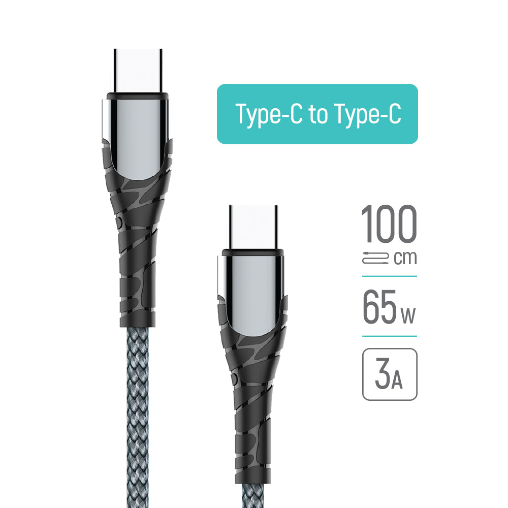 USB-C til USB-C data- og ladekabel ColorWay CW-CBPDCC040, 65W, 1m, Grå