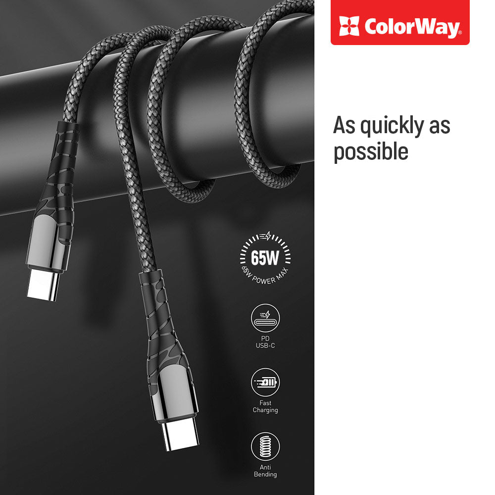 USB-C til USB-C data- og ladekabel ColorWay CW-CBPDCC040, 65W, 1m, Grå