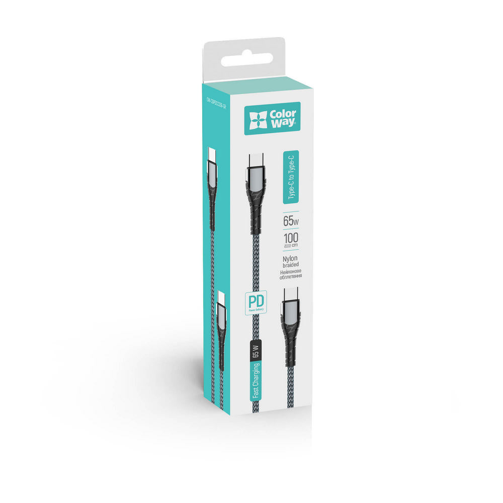 USB-C til USB-C data- og ladekabel ColorWay CW-CBPDCC040, 65W, 1m, Grå