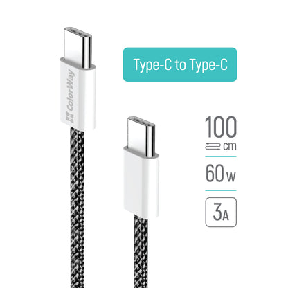 USB-C data- og ladekabel - USB-C ColorWay CW-CBPDCC061, 60W, 1m, Svart