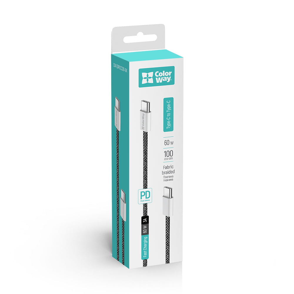 USB-C data- og ladekabel - USB-C ColorWay CW-CBPDCC061, 60W, 1m, Svart